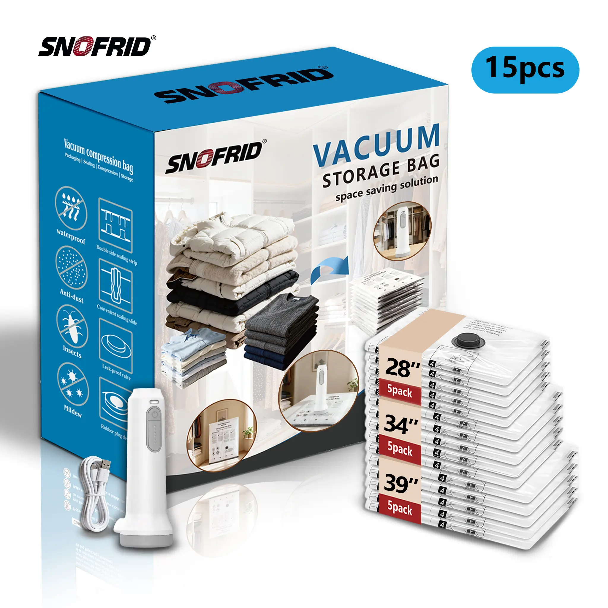 [DealsForYouDays]Snofrid Cordless Travel Vacuum Storage Compression Bag Set – 15-Pack in 3 Sizes – USB Rechargeable Handheld Pump with Built-In Battery – Waterproof & Reusable Space Saver for Clothes & Packing, Perfect for Carry-On Suitcases