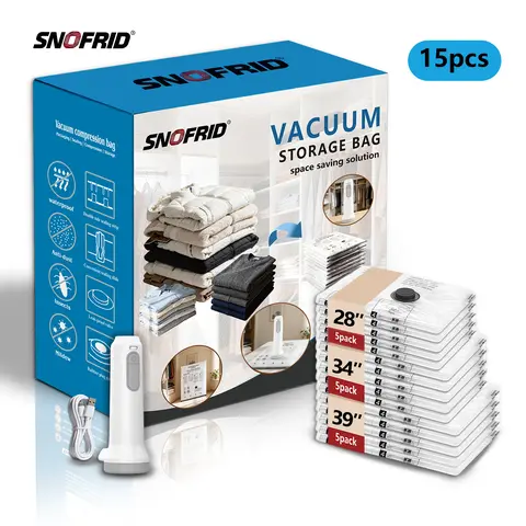 Snofrid Rechargeable & Cordless Travel Vacuum Storage Compression Bags Set - 15 Packs Thick PA+PE Transparent Space Saving Bags (3 Sizes) with USB Rechargeable Handheld Pump, Built-In Battery, Waterproof Reusable Design for Carry-On Suitcases