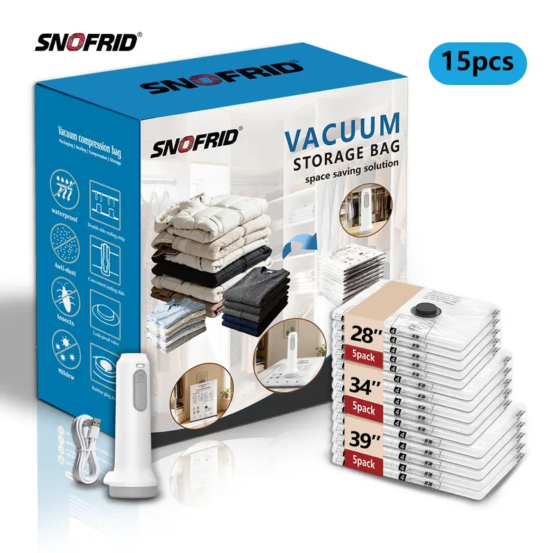 Snofrid Rechargeable & Cordless Travel Vacuum Storage Compression Bags Set - 15 Packs Thick PA+PE Transparent Space Saving Bags (3 Sizes) with USB Rechargeable Handheld Pump, Built-In Battery, Waterproof Reusable Design for Carry-On Suitcases