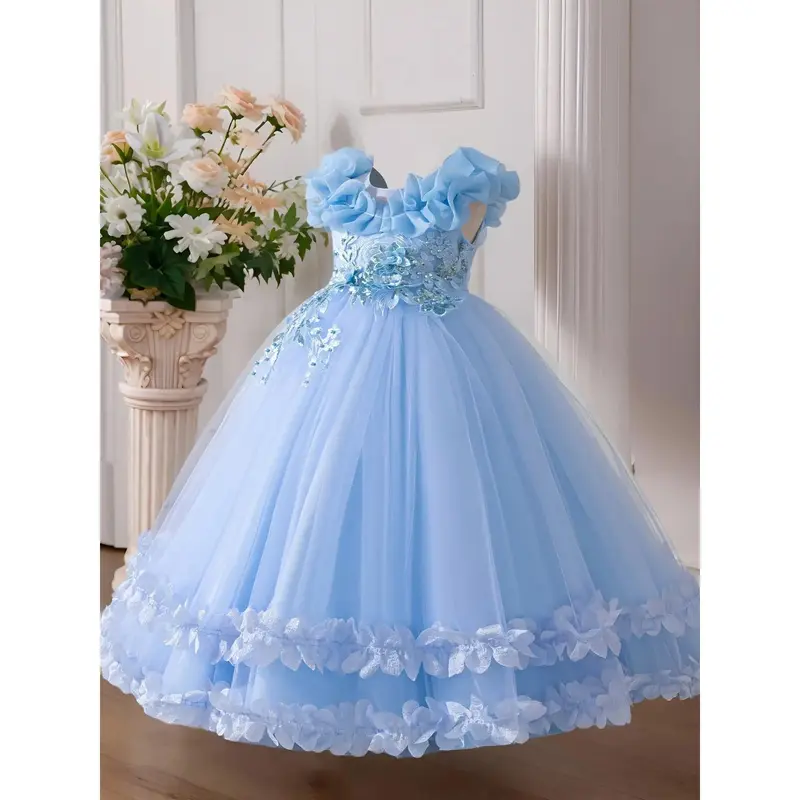 year 10 formal dresses australia Baby Girl Formal Princess Dresses Girl Summer Round Neck Blue Embroidery Birthday Party Dress
