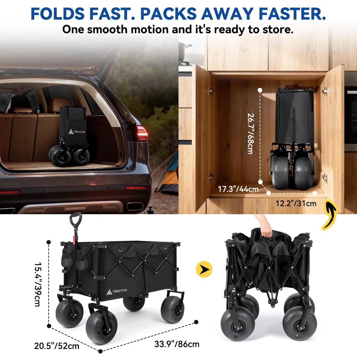 Hikenture Beach Wagon with Balloon Wheels, 9" PU Tires Collapsible Wagon, 440lbs Heavy Duty Beach Cart with Big Wheels for Sand, Large Capacity Utility Wagons Carts Foldable