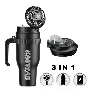 HandFan 40 oz tumbler 3 in 1  BPA Free Insulation bottle mini Portable fan Power bank Gift for Hiking Camping Travel Party Sports Workout Outdoor activity  Black Thermos for Amuzement Park Office Truck Driver Summer Essential