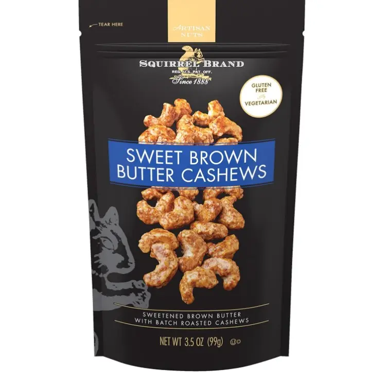 Squirrel Brand Sweet Brown Butter Cashews, 3.5 oz Resealable Bag, Gourmet Flavored Cashews Nuts, Gluten Free, Vegetarian