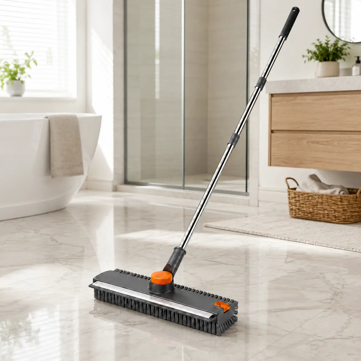 2-in-1 Floor Scrub Brush with Silver Scraper Edge, Adjustable 28-52 in Telescopic Handle, 10.6 in Wide Dense Bristle Cleaner for Bathroom, Kitchen, Tile and Patio Floors