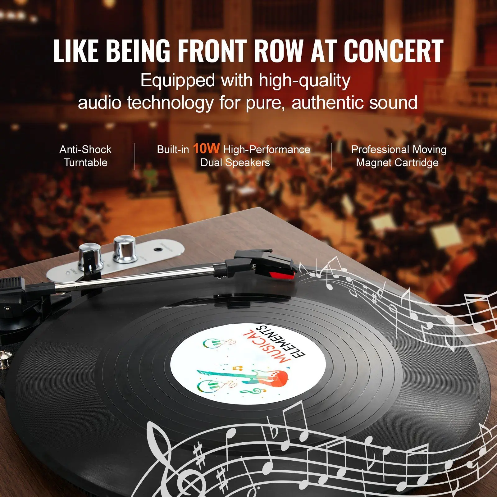 VEVOR Automatic Vinyl Record Player - 3-Speed Belt-Driven Turntable with 10W Dual Speakers, Bluetooth Speakers, High-Sensitivity Magnetic Cartridge, 33/45/78 RPM, Aux-in/RCA Output, Automatic Stop, Music Playback for 7''/10''/12'' Vinyl Records