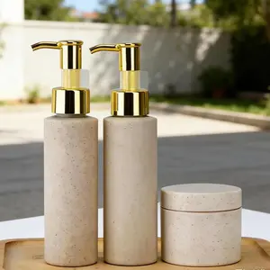 3-Piece Shower Soap Dispenser Set, Hair Care & Bath Gel Dispenser, Wheat Straw Color Hand Sanitizer Bottle, Gold Pump Travel Size