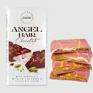 BeeMax NewStyle Angel Hair Cotton Candy Chocolate Bar - Raspberry White Chocolate with Cotton Candy & Pistachio Cream 6 oz Dubai Chocolate Snack Bonbon Dessert Strawberry