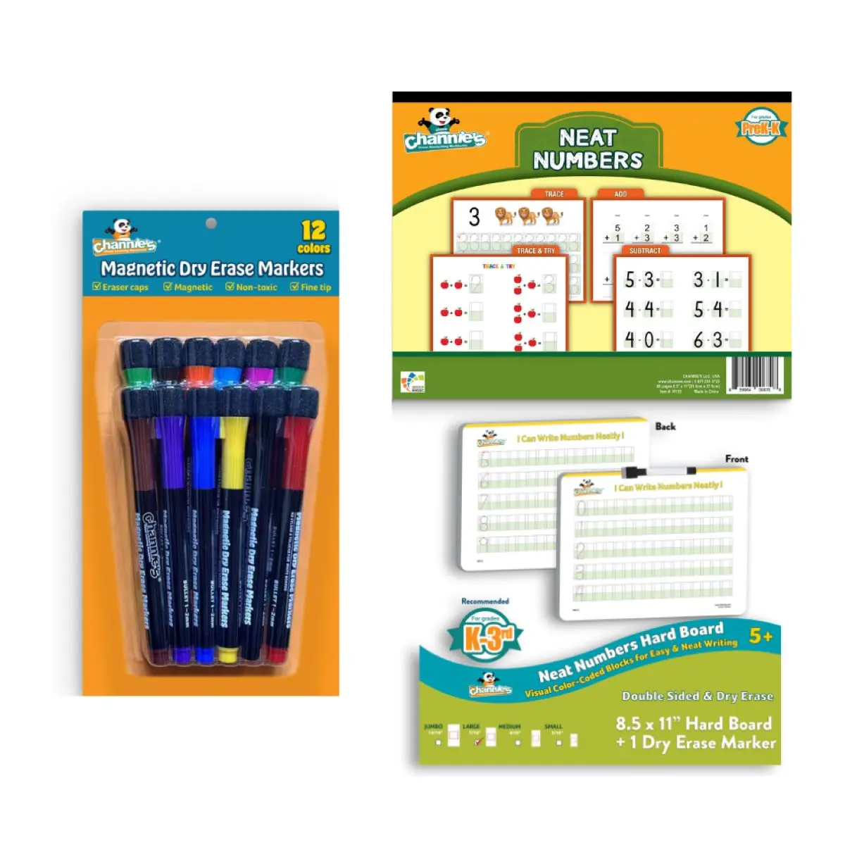 Channie's Math Learning Kit with Visual Aids - Hard White Board, Neat Numbers Non-Dry Erase Workbook, 12-Pack Magnetic Markers