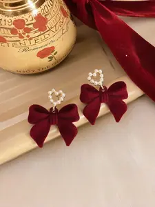 Autumn Winter Wine Velvet Bow Pearl Earrings, French Vintage Heart Sweet Ear Studs, Perfect Gift for Women Daily Wear, All Season Wear
