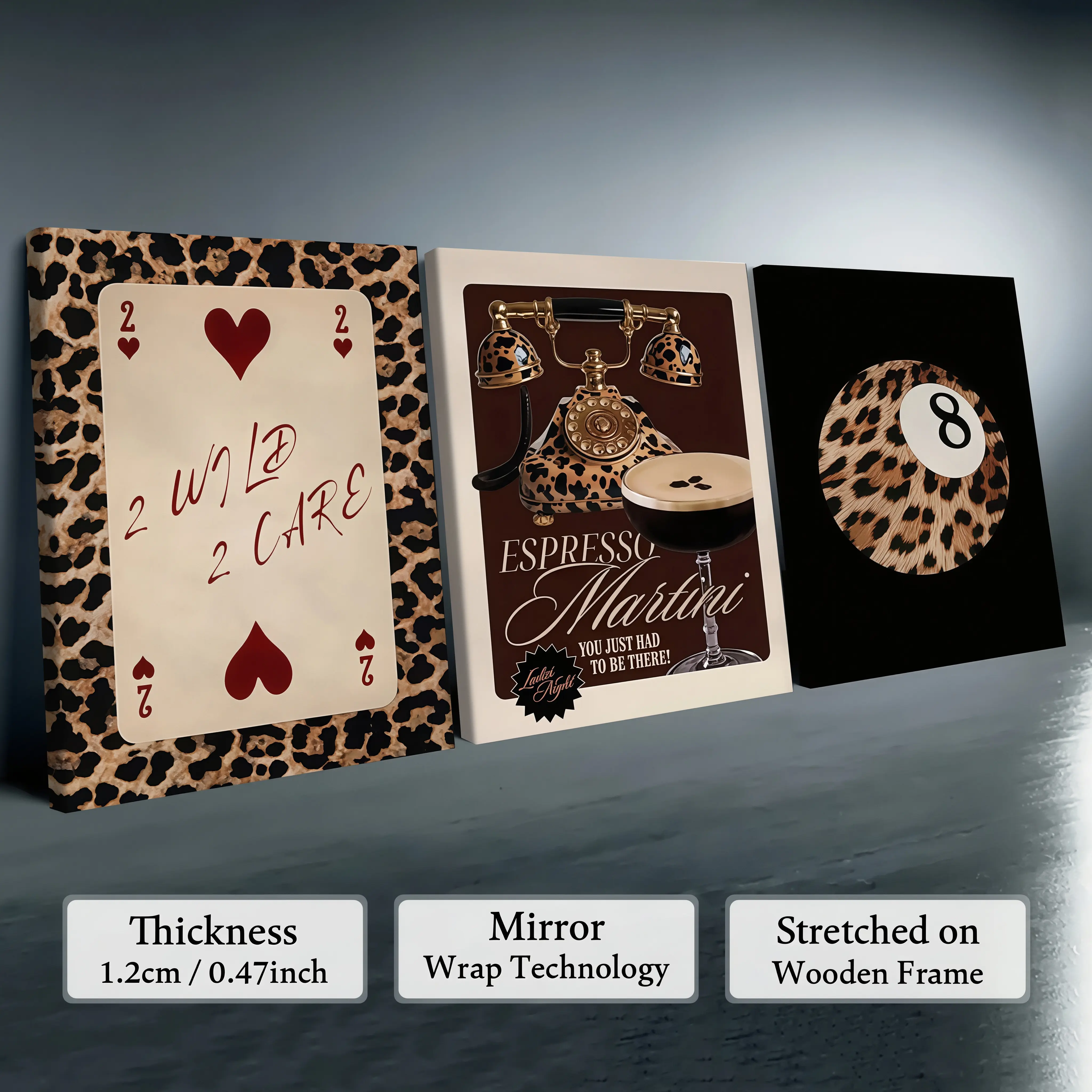 3 PCS Leopard Pattern Canvas Wall Art, Playing Card Martini 8-Ball Retro Framed Canvas Prints,Waterproof Geometric Design, Gift Idea.Housewarming Gift .Geometric Abstract Artwork.HD Printingfor Living Room, Entryway, Bedroom.