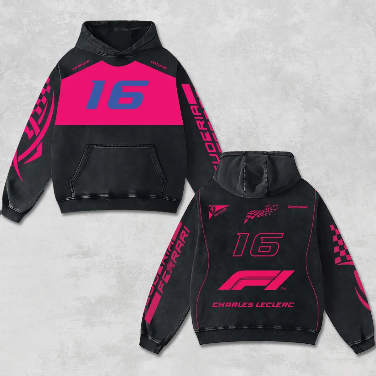 Retro Pink Charles Leclerc 16 Racing Hoodie Black Acid Washed, Formula Team Enthusiast, MotoGP Graphic Streetwear, Heavyweight Biker Sweatshirt, Retro Moto Gear Apparel Men’s Grunge Y2K Racing Jacket Style Oversized Vintage Clothes