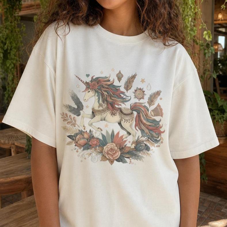 Whimsical Floral Unicorn Women's 100% Cotton Tee Boho Botanical Graphic T-Shirt
