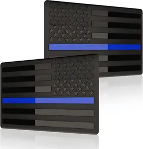 3D Metal Thin Blue Line All Black American Flag Emblem Decal Stickers (1 Pair), Matte Black 5" x 3" USA Flag Decals for Car, Truck, Motorcycle Honoring Police Law Enforcement