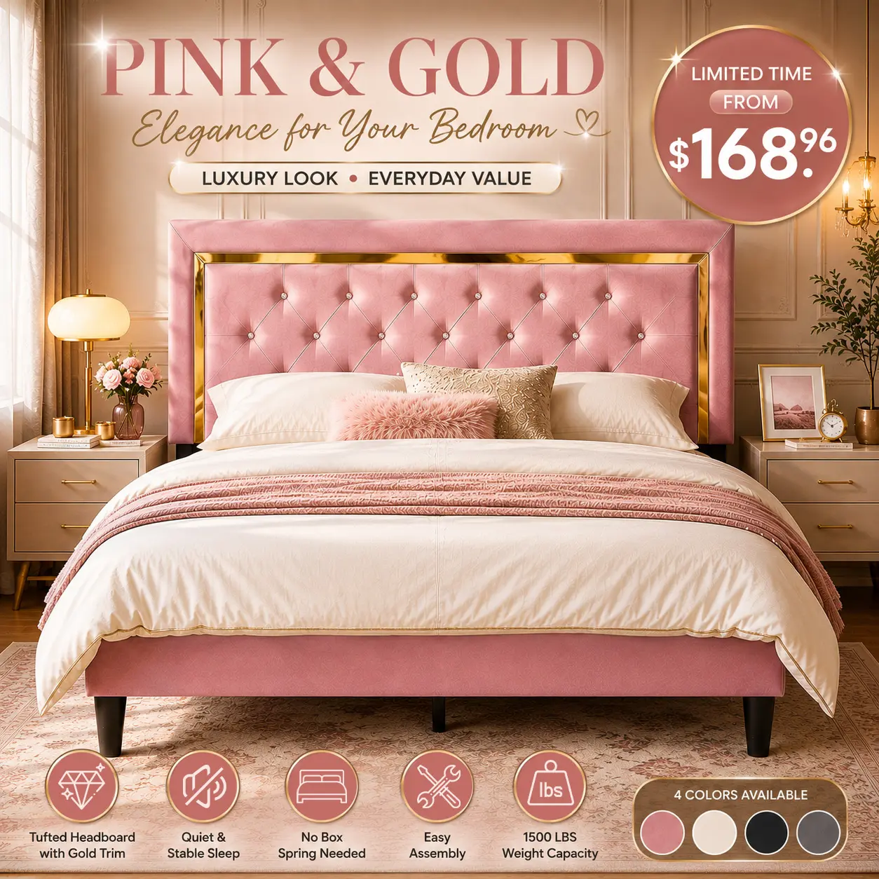 【Stock Up Deals】OVIOS Upholstered Platform Bed Frame with Tufted Headboard & Gold Trim, Heavy Duty Wood Slats, No Box Spring Needed, Quiet & Stable, Easy Assembly, Robot Vacuum Friendly, Twin, Full & Queen
