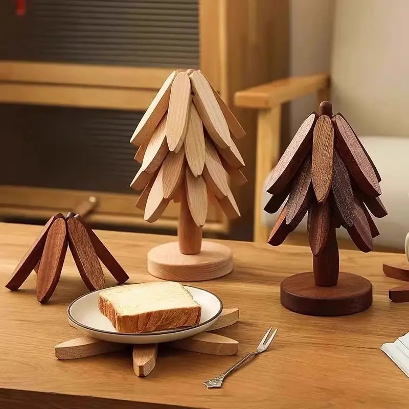 5-Piece Creative Pine Wood Insulation Mats, Heat-Resistant Bamboo Table Mat Set, Kitchen Decorative Placemat, Home Use High Temperature Resistant Pot Pad Cup Holder
