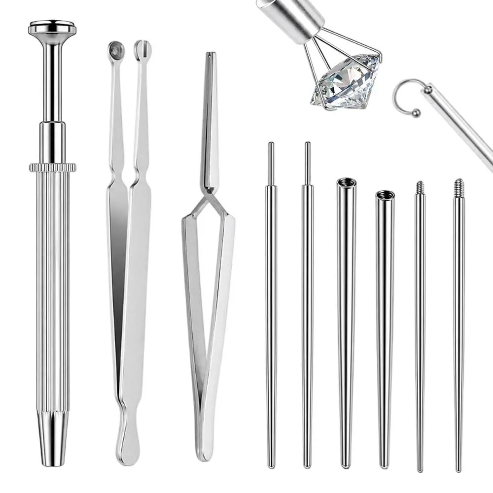 9Pack Silver Ball Grabber Tool – 14G/16G/18G Taper & Surgical Steel Flat Back Earrings Threader Insertion Pin, Body Jewelry Tool for Ear Rook, Conch, Nose, Lip Piercing Removal & Changing