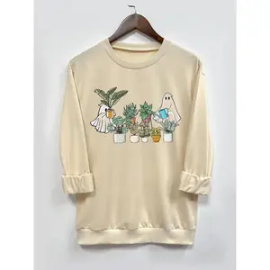 Women’s Halloween Ghost & Plants Print Crew Neck Sweatshirt, Casual Long Sleeve Pullover, Women’s Fall & Winter Clothing for Everyday Wear