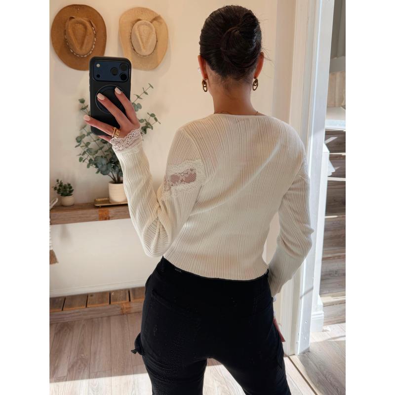 White Lace Insert Long Sleeve Ribbed Sweater Top