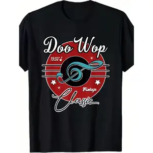 merch shirts NWT Men'S Vintage 1950s Doo Wop Retro Rockabilly T-Shirt - 1950 Graphic Print with Doo Wop Classic Song Lyrics, Unisex Fit Short Sleeve Round Neck Casual Tee for Casual Attire, Music Events & Themed Parties |   Comfortable Vintage