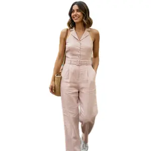 Women's Blush Halter Jumpsuit with Pockets and Belt - Stylish Overalls for Everyday Wear - Womenswear