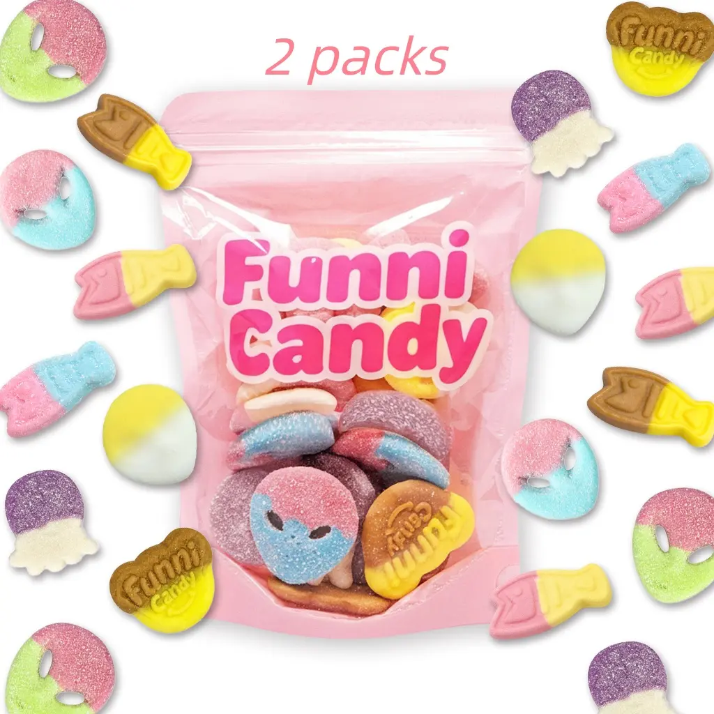Swedish Style Gummy Candy 2 Pack 0.5lb Each (1lb Total) Soft & Chewy Assorted Fruit Gummies Bubblegum Grape Watermelon Banana Toffee Candy