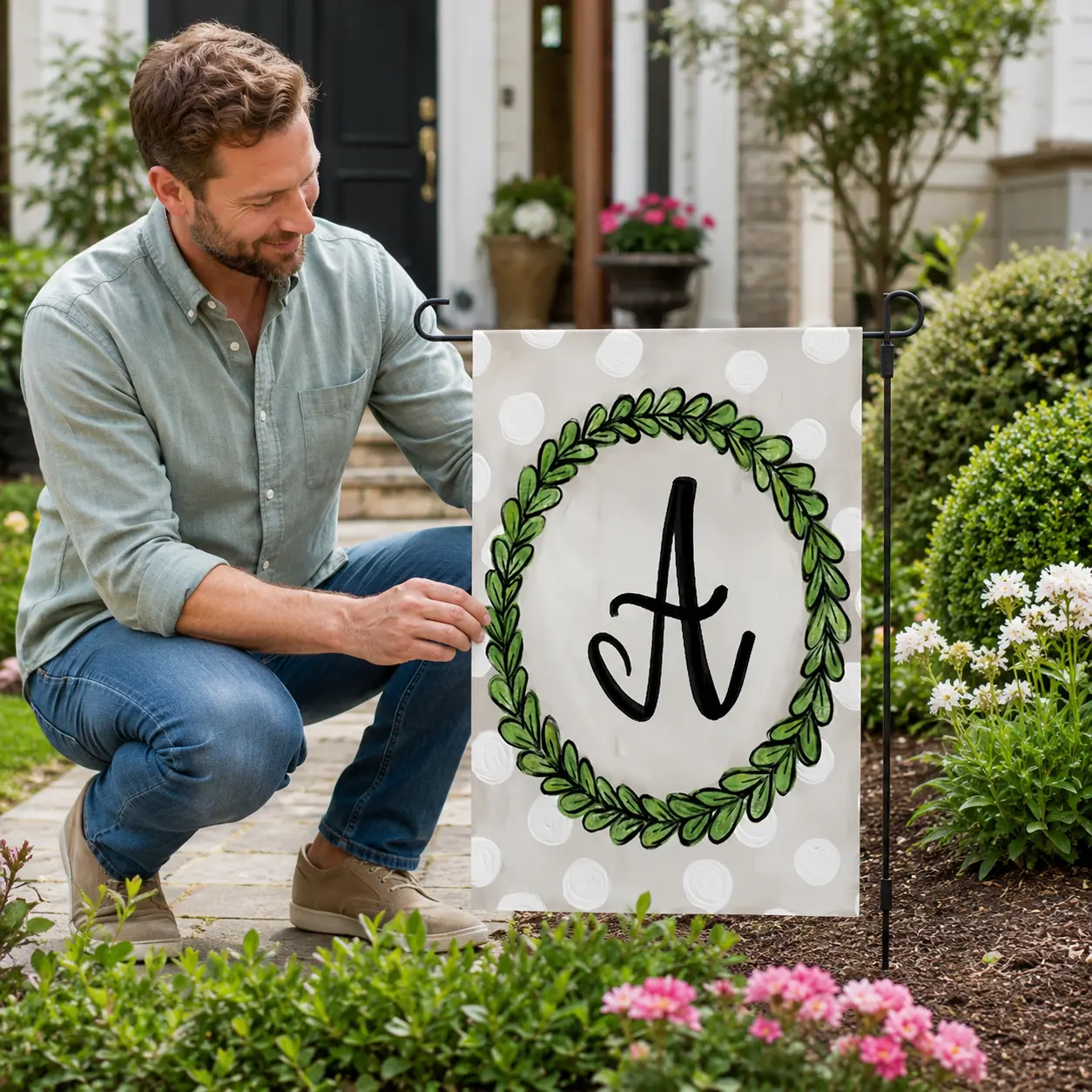 Spring Monogram Garden Flag, A-Z Personalized Family Initial Yard Flag, 12x18 Inch Double-Sided Floral Outdoor Banner for Porch Lawn Patio Decor, Flagpole Not Included