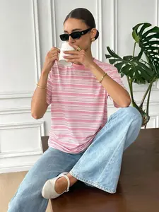 Women's Pink White Striped Oversized T Shirt, Casual Striped Short Sleeve Crew Neck Top, French Style Loose Fit Versatile Tee, Perfect for Daily Wear, Commute, Vacation #springsaledeals2026 #summeroutfits #tiktokshopmademebuyit #womensfashion