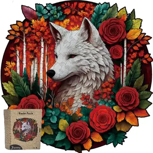 Adult Premium Puzzle - Laser Cut Wooden Jigsaw with HD Sublimation Printing Wolf & Roses Design for Stress Relief & Mindfulness
