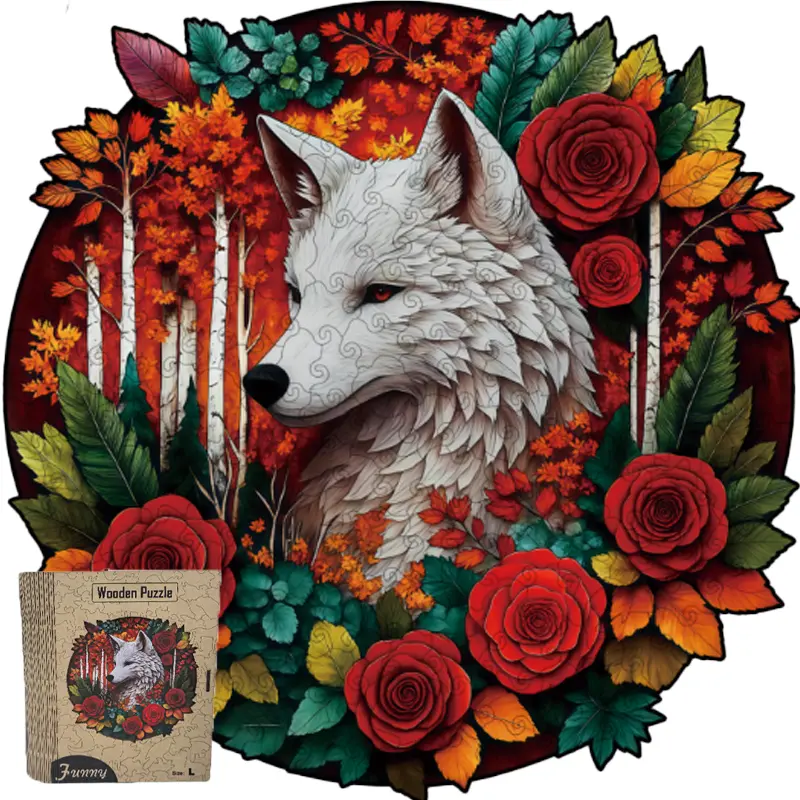 Adult Premium Puzzle - Laser Cut Wooden Jigsaw with HD Sublimation Printing Wolf & Roses Design for Stress Relief & Mindfulness