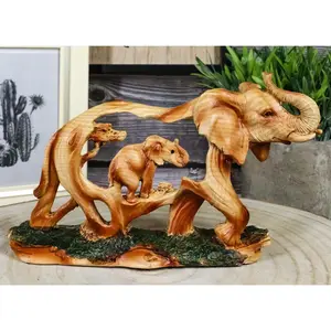 Faux Wood Elephant Family Migration Elephant Walking With Baby Calf Statue 7"L