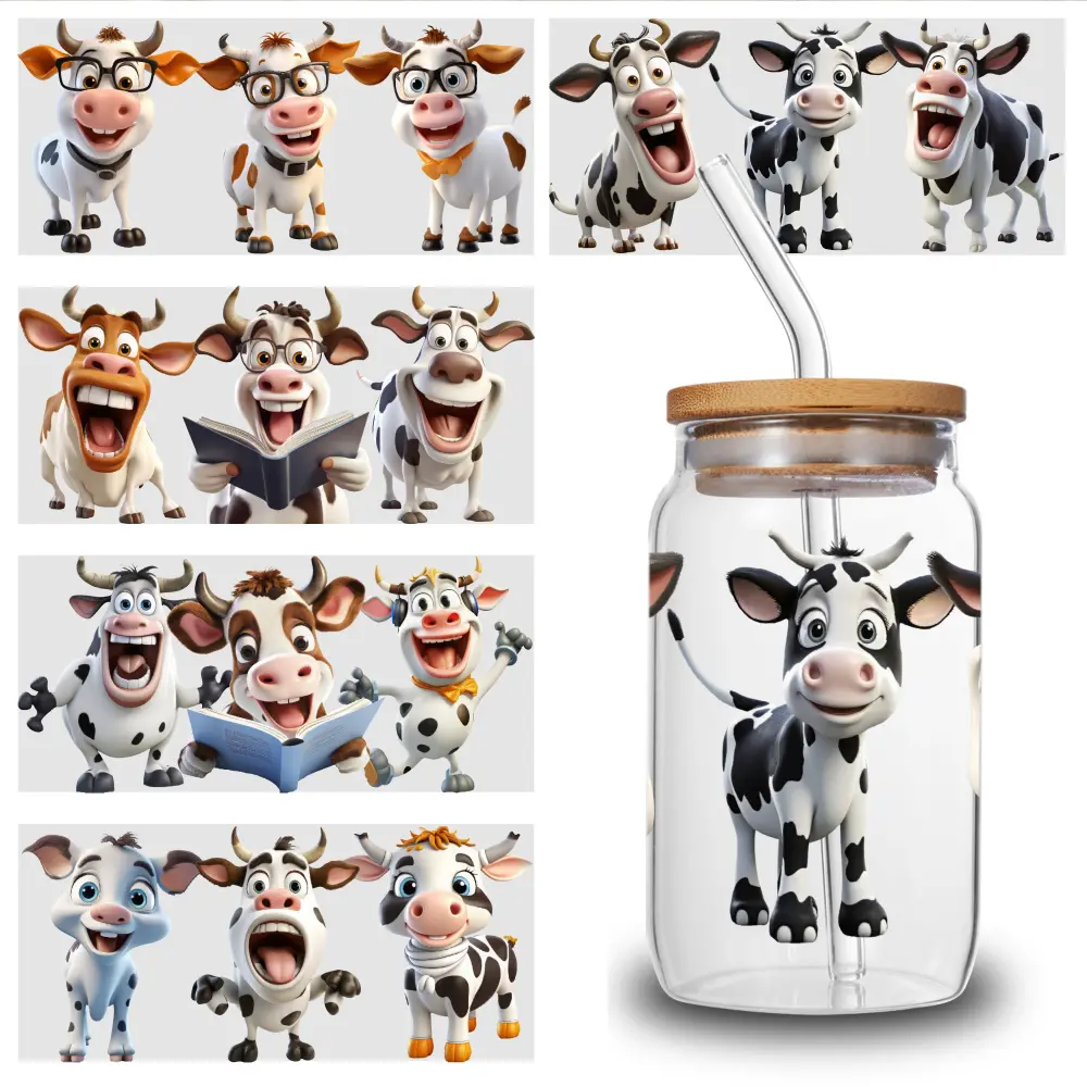 5 Sheets Cow Pattern UV DTF Stickers - 9.4x4.3in High Adhesion Waterproof 3D Effect UV DTF Print Decals for 16 oz Tumbler, Water Bottle, Glass, Mug - Home Decor DIY Gift with Side Eyes, 3D Three-Dimensional Effect