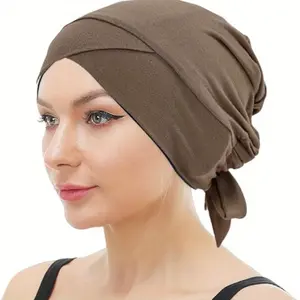 [Polyester Knit Beanie Hijab] 4pcs Lightweight Polyester Knit Beanie Hijab Caps - Tie-Back Closure, Machine Washable Islamic Hijab Undercaps