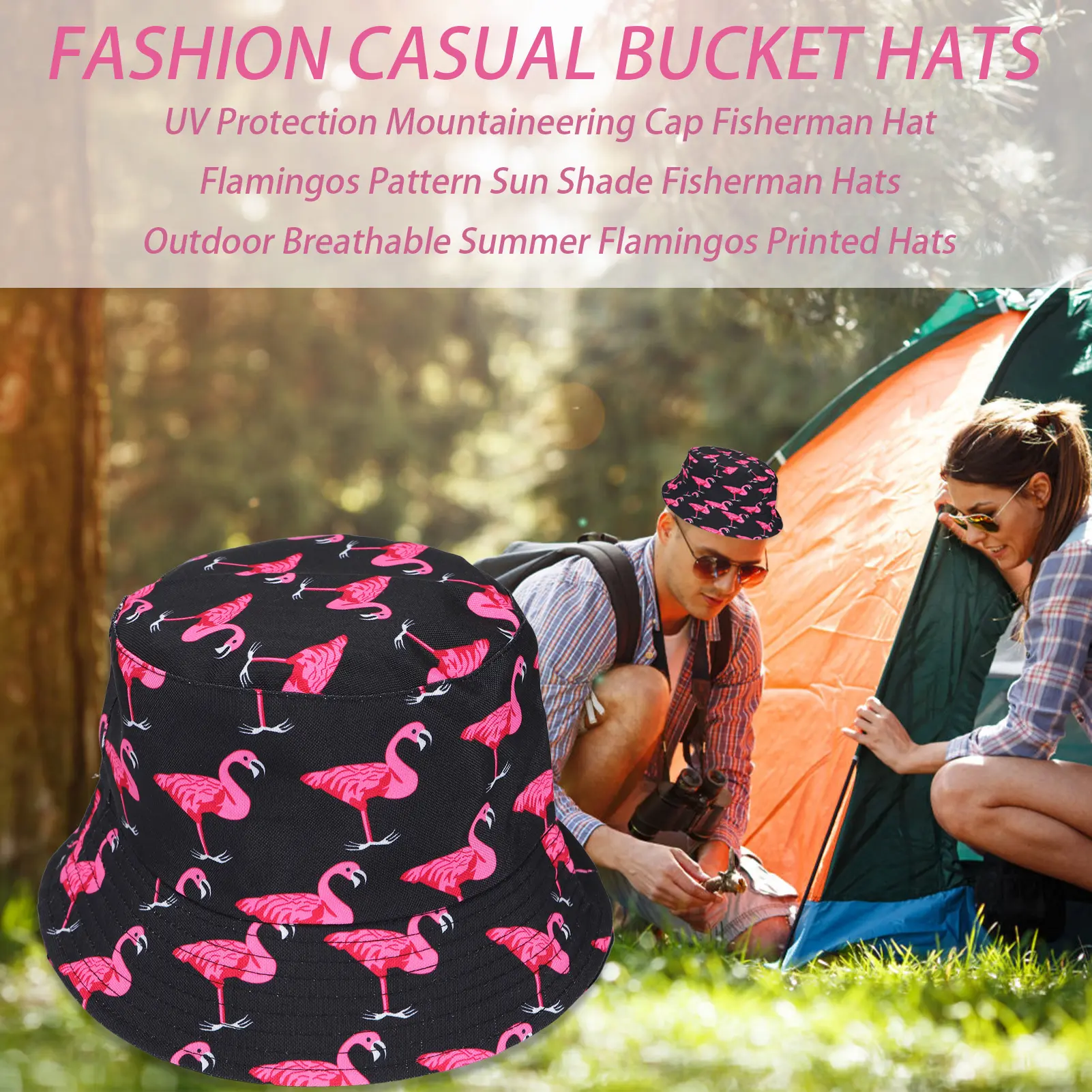 Reversible Flamingo Print Bucket Hat, Double Sided Sun 