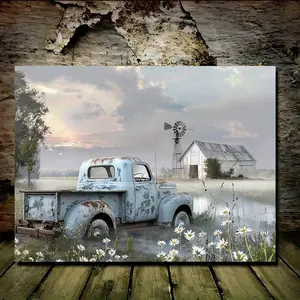 Rustic-style blue truck with vintage barn and windmill scene, high-definition canvas decorative painting 11.8* 15.7inch (30* 40cm ) with wooden frame -- modern home decor, can be directly hung in the living room or bedroom