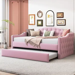 Upholstered Daybed and Trundle, Velvet Modern Button Tufted Twin Size Daybed Frame with USB&Type-C Charging Ports, Daybed Sofa Bed with Wood Slat Support, for Bedroom Living Room Guest Room (Pink)