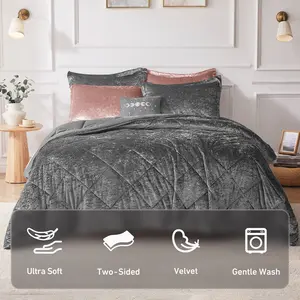 Luxe Comforter Velvet Lush Double Sided Diamond Quilting Modern All Seasons Bedding Set with Matching Shams & Decorative Pillow