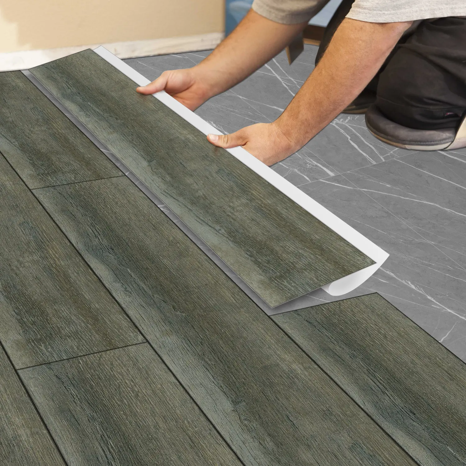 American Dark Green Vintage Wood Grain Floor Stickers, Vinyl Floor Tiles | Thickened Matte PVC | Waterproof Wear-Resistant Easy to Clean for Bedroom Kitchen Bathroom Office School Flooring