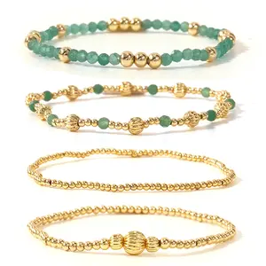 SHINUS BOHO 14K Gold Beaded Crystal Bracelets Stack for Women,Bohemian Stretch Green Aventurine Lantern Beads Stackable Bracelets Set Fashion Prom Accessories Jewelry Gift Friendship