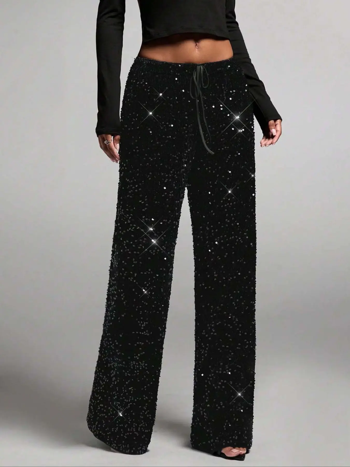 Women's Fashion Elastic Waist Fitted Pants with Bow Detail, Knot, Sequin Decoration, Elegant Long Pants, Casual Wear, Casual Comfy Stretchy, Stylish and Comfortable, Bottom, Womenswear