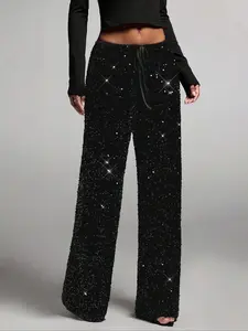 Women's Fashion Elastic Waist Fitted Pants with Bow Detail, Sequin Decoration, Elegant Long Pants, Casual Wear, Stylish and Comfortable