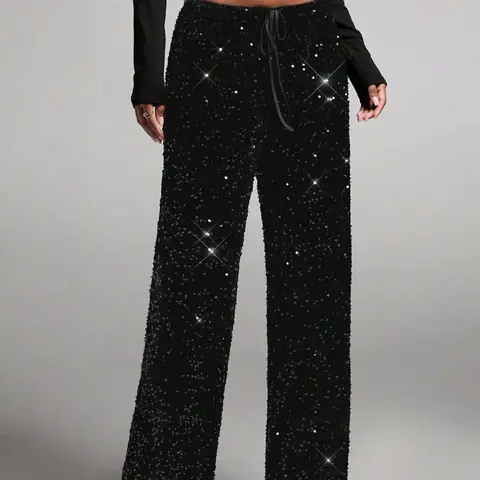 Women's Fashion Elastic Waist Fitted Pants with Bow Detail, Knot, Sequin Decoration, Elegant Long Pants, Casual Wear, Casual Comfy Stretchy, Stylish and Comfortable, Bottom, Womenswear, Casual Style Bottoms