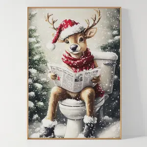 Reindeer On The Toilet Printable Funny Christmas Wall Art Bathroom Wall Art Toilet Wall Art Trendy Christmas Printable Wall Decor