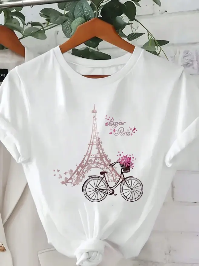 Women Soft Cotton Short Sleeve T‑Shirt Pink Eiffel Tower Bicycle Paris Floral Print Romantic Casual Graphic Tee