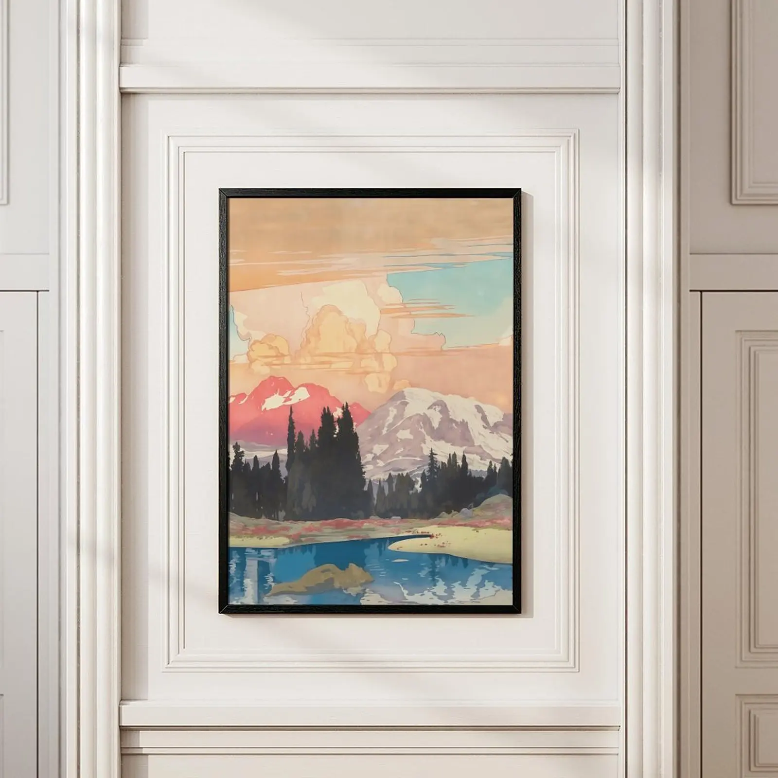 Yoshida Hiroshi Vintage Mt Rainier Woodblock Print - Japandi Aesthetic Soft Pastel Canvas Wall Decor, Nature Art Decorative Hanging Prints for Living Room, Home Inspo Mother's Day Stress Relief Gift