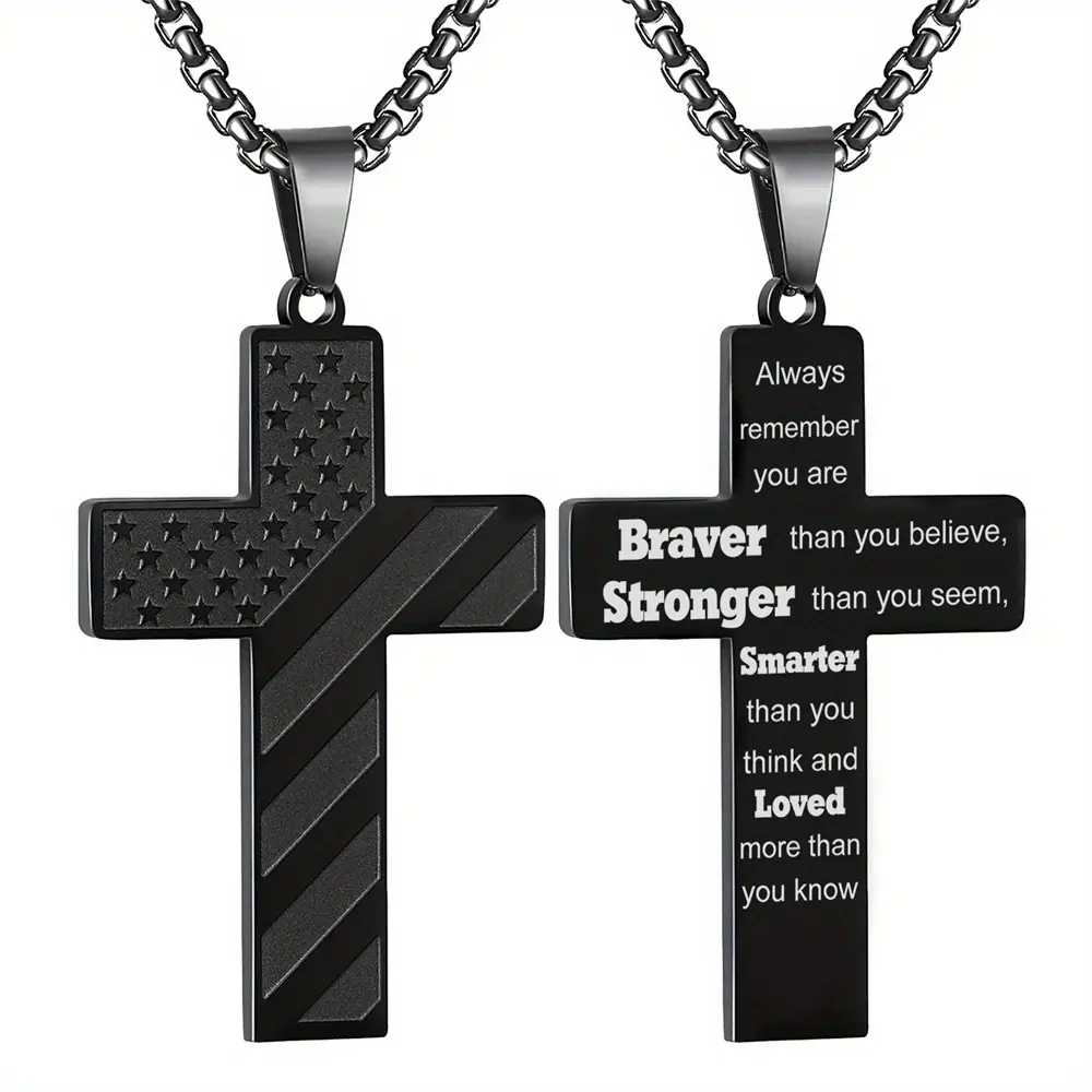 18+2 Inch Cross Necklace Bible Verse Stainless Steel American Flag Pendant Chain for Men Jewelry Gift