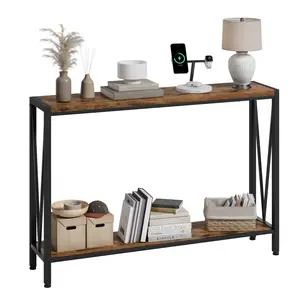 Console Table, 42.9" Grey Entryway Table with Storage, Wood and Metal 2-Tier Narrow Long Sofa Table with Shelf, Behind Couch Table, Console Table for Entryway, Living Room