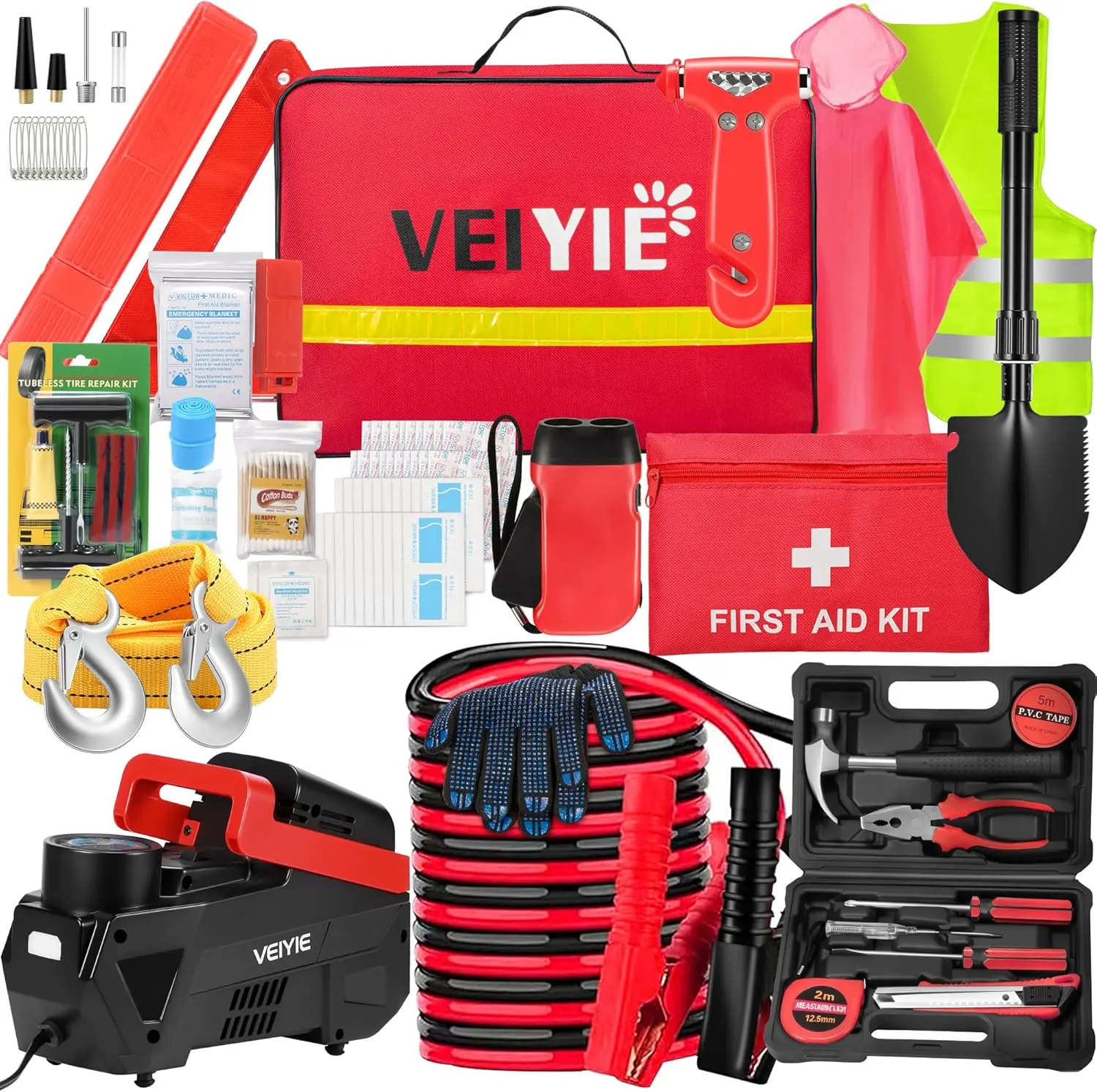 【summerfinds】Roadside Emergency car Kits for Vehicles, 12PCS Car Safety Kit with Jumper Cables, Portable Air Compressor, Tow Strap, Tool Kit, Road Trip Essentials for Women, Men，Summervibes