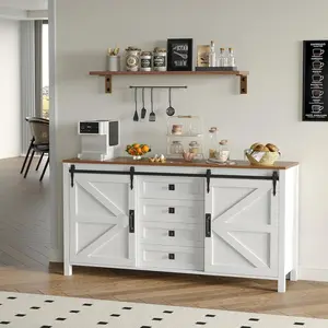 60" Farmhouse Sideboard Buffet Cabinet with Sliding Barn Doors & 4 Drawers, 31.5" Tall Wooden Sideboard TV Stand Console Table
