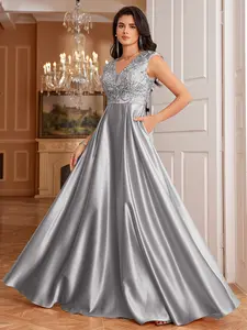 BluePlum Women's Silver Grey Metallic Sparkly Sequin-Embroidered Lace V-Neck Sleeveless Smooth Satin Patchwork Floor-Length A-Line Retro Court Formal Dress Piece with Zip, Stylish Fit Elegant Formal Wear for Weddings, Galas