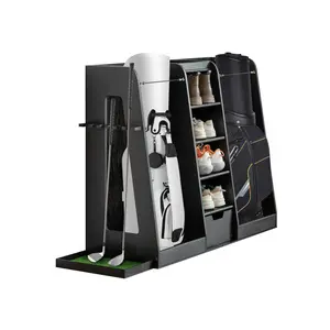 55.5''x16''x37''(LxWxH) Premium Wooden Golf Bag Organizer and Storage Rack, High Quality Wooden 2 Golf Bag Rack with Drawers,  Easy to Assemble Golf Club Holder/Stand for Garage Home Simulator and Office